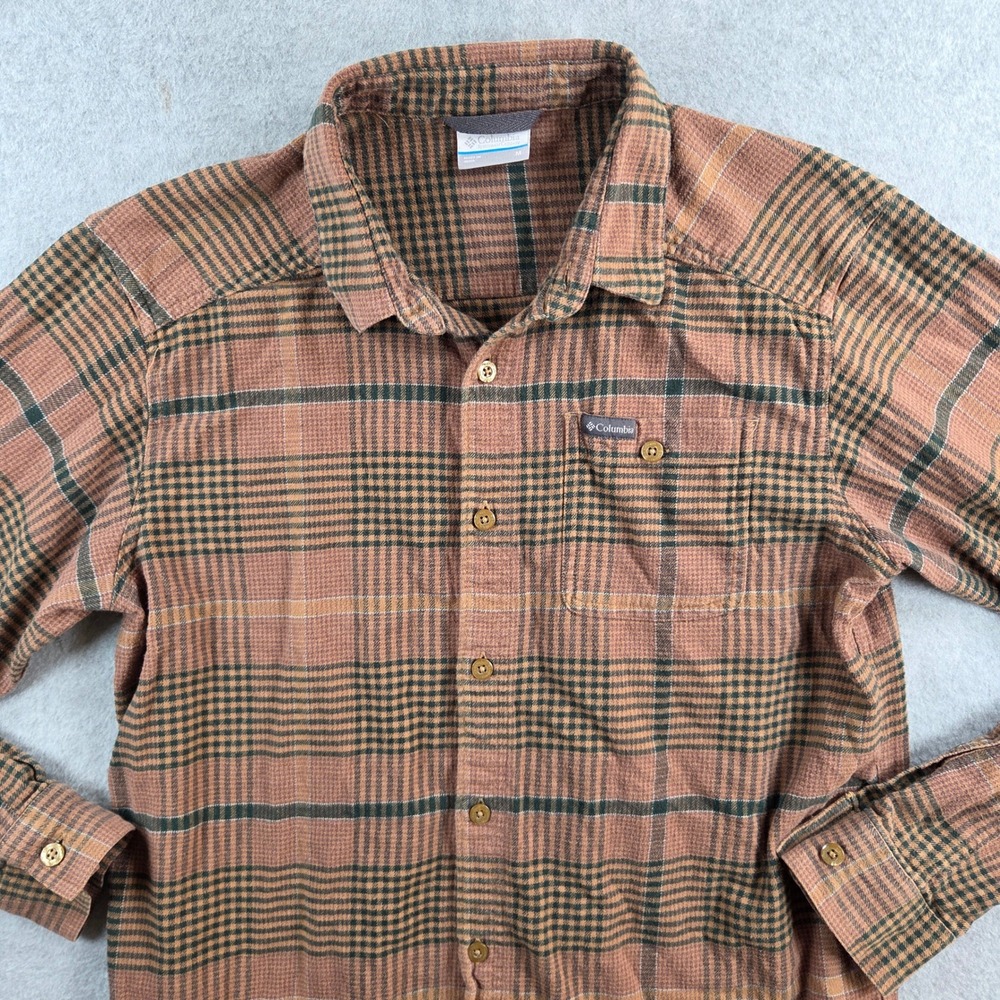 Columbia Flannel Shirt Mens Medium Brown Tan Green Plaid Button Down Long Sleeve